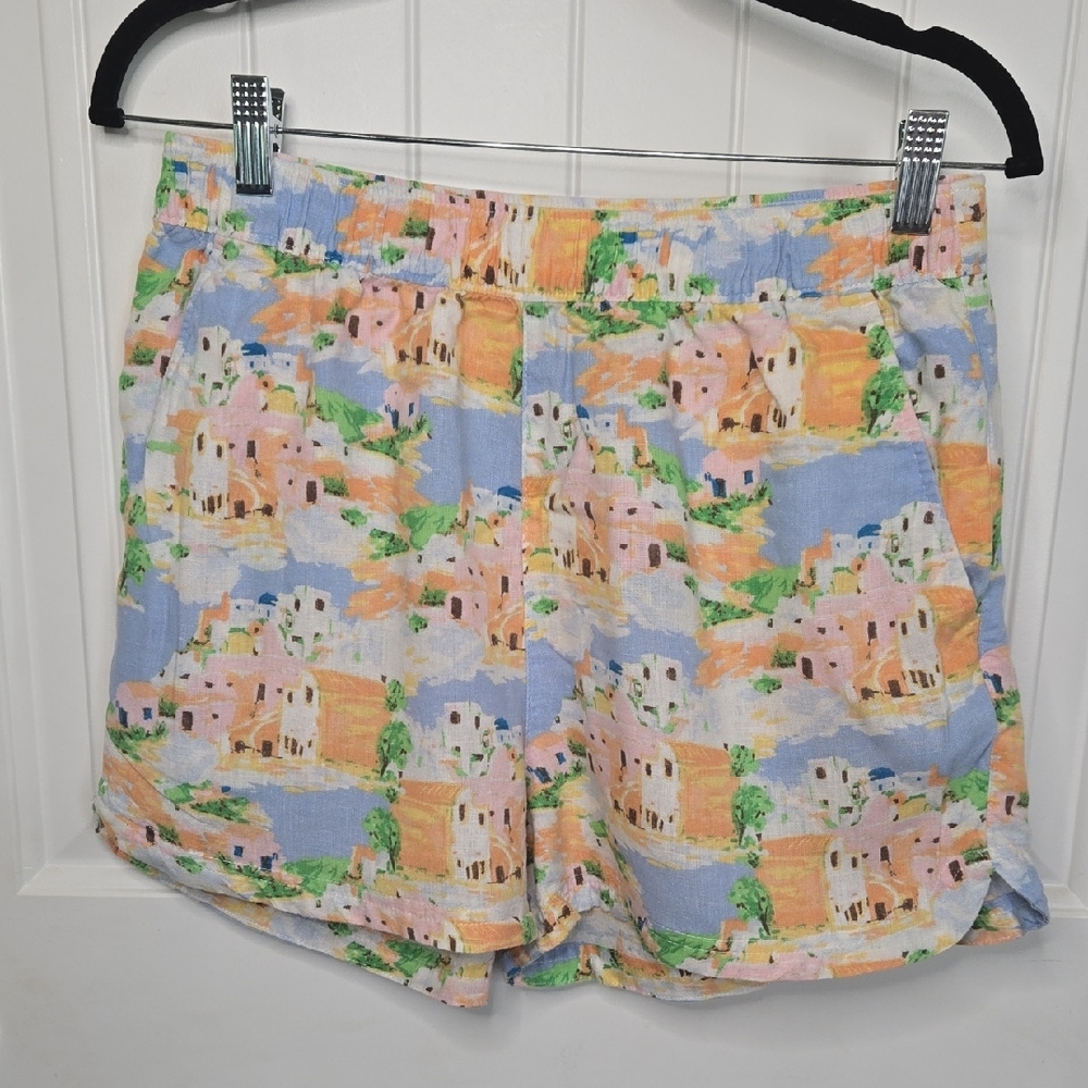 Cynthia Rowley Linen Blend Shorts Coastal Scenic Print Beach Resort Medium
